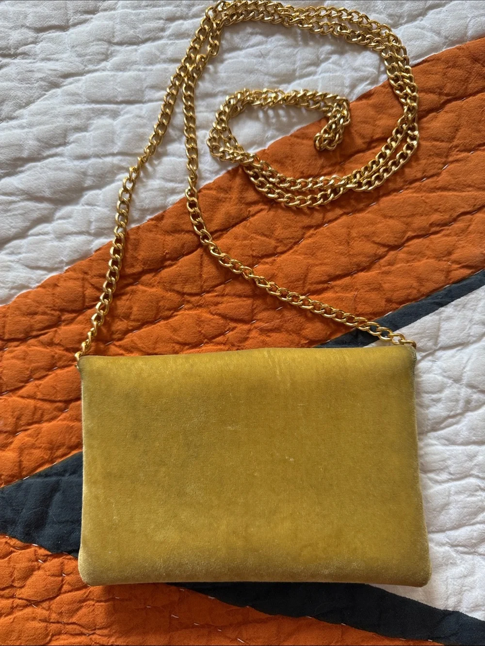 Vintage Mustard Velvet Envelope Crossbody Bag with Gold Chain